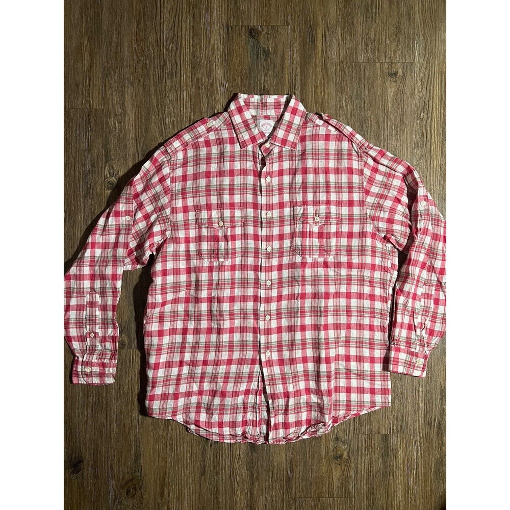 Brooks Brothers Men’s Button Down Shirt Large 100% Linen Red Plaid Long Sleeve